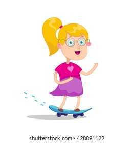 Funny cartoon character. Vector illustration.Girl skateboarding on a white background