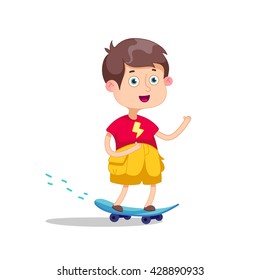Funny cartoon character. Vector illustration.Skateboarding boy.Happy Cartoon Skateboard Boy
