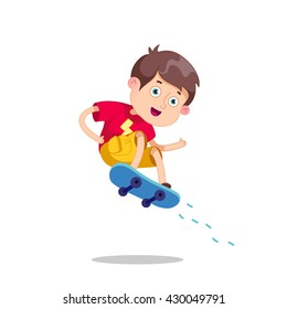 Funny cartoon character. Vector illustration.Skateboarding boy.Happy Cartoon Skateboard Boy