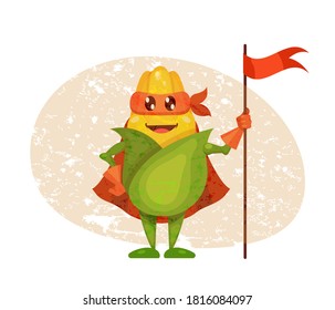 Funny cartoon character vegetable corn in superhero costume at masks emotion with flag in hand. Vegetable character super hero product fun food costume vector illustration isolated