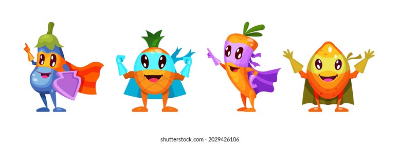 Gracioso personaje de caricatura berenjena, piña, zanahoria, limón con traje de superhéroe en máscaras puntos de emoción con mano. Carácter vegetal súper héroe producto diversión traje vectorial