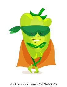 Funny cartoon character vegetable in superhero costume. Concept of healthy diet, natural vegetarian organic products. Cute food vegetable pepper in a cloak of super hero and mask. Vector illustration.