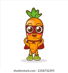 Funny cartoon character vegetable in superhero costume. Concept of healthy diet, natural vegetarian organic products. Cute food vegetable carrot in cloak of super hero and mask. Vector illustration.