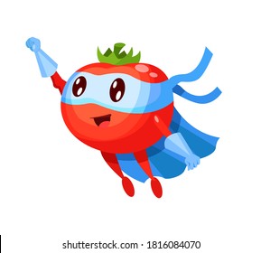 Gracioso personaje de caricatura de tomate vegetal con traje de superhéroes en máscaras puntos de emoción con la mano. Carácter vegetal producto súper héroe diversión traje vectorial ilustración aislado