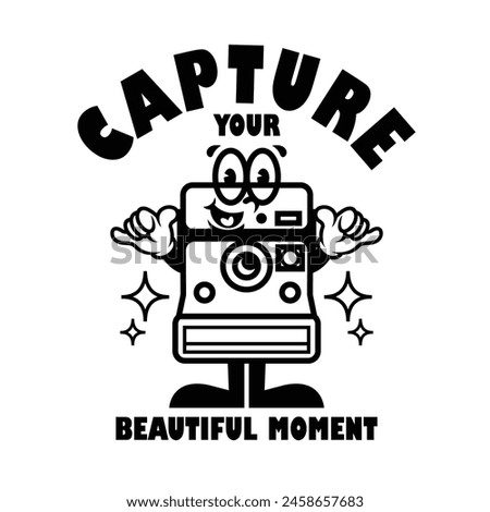 Funny cartoon character of vinatge camera. Can be used as Sticker, posters, prints. Retro cartoon style. Vector illustration
