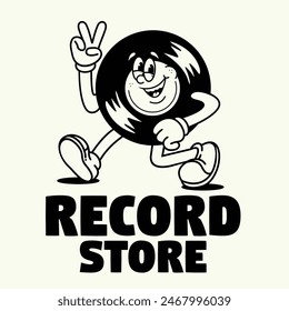 Funny cartoon character of vinyl record. Can be used as Sticker, posters, prints. Retro cartoon style. Vector illustration