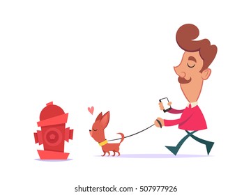 Funny Cartoon Character Walking with His Dog. Vector Illustration