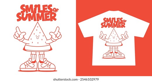 Funny cartoon character of watermelon. Can be used as Sticker, posters, prints. Retro cartoon style. Vector illustration