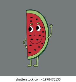 Funny cartoon character watermelon. Vegetables and fruits. Vector illustration. Isolated. Doodles. Comics. Coloring pages for children and adults.