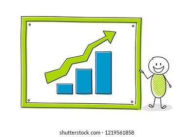 Funny cartoon character with whiteboard and business chart. Vector.