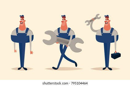 Funny Cartoon Character: Worker with Big Wrench. Vector Illustrator
