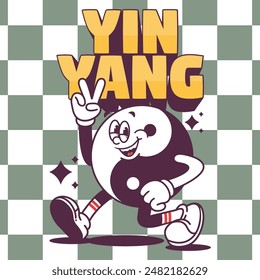 Funny cartoon character of yin yang. Can be used as Sticker, posters, prints. Retro cartoon style. Vector illustration