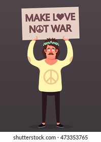 Funny Cartoon Character. Young Hippie Holding "Make Love Not War" Sign. Colorful Vector Illustration