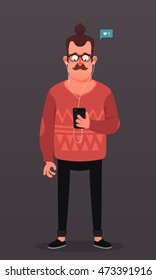 Funny Cartoon Character. Young Hipster with Phone. Colorful Vector Illustration