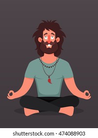 Funny Cartoon Character. Young Hipster Sitting in Lotus Position. Colorful Vector Illustration