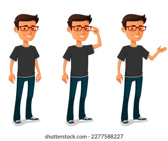 personaje de caricatura gracioso de un joven en jeans, usando gafas, sonriendo y haciendo gestos. Un asistente, profesor o profesor simpático. Aislado en blanco. Archivo de vectores.