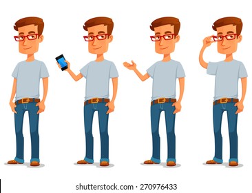 Funny Cartoon Character Of A Young Man In Jeans, In Various Poses. Gesturing, Holding A Mobile Phone Or Touching His Glasses. Isolated On White.