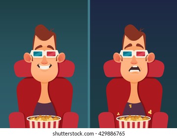 Funny Cartoon Character. Young Man Sitting in the Cinema and Watching Movie: Comedy and Horror. Colorful Vector Illustration