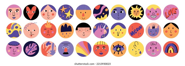 Funny cartoon characters. Abstract circle illustration set, doodle happy trendy avatars, smile people portrait, contemporary social media covers, hand drawn vector unicorn cat and sun. Trendy forms