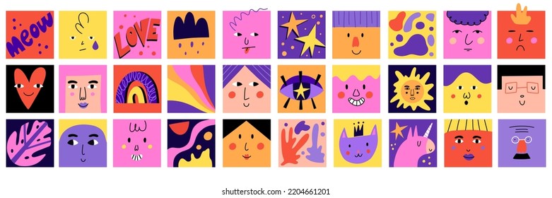 Funny cartoon characters. Abstract square illustration set, doodle happy trendy avatars, smile people portrait, contemporary geometric collection. Hand drawn vector unicorn cat and sun, trendy forms