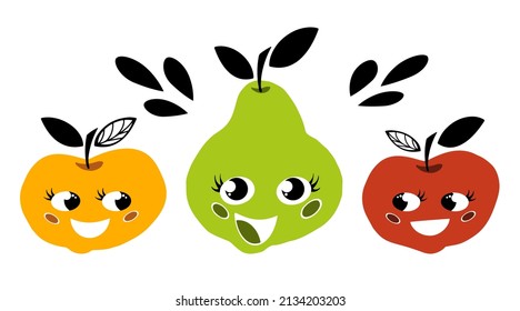 Funny cartoon characters apples and pears. Kawaii fruits in a flat style. Modern design, bright colors, joyful emotions.