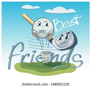 Funny cartoon characters, ball Bouncing dodges Golf clubs, illustration