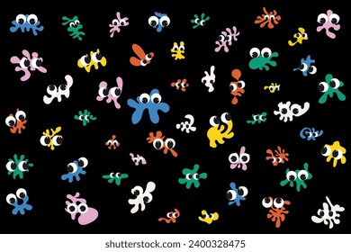 Funny cartoon characters. Funny blots with eyes. Set of stickers Isolated vector illustration.