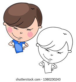 Funny cartoon characters of boys, expression of emotions and mood, portrait, children's book for painting, vector illustration