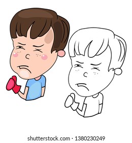 Funny cartoon characters of boys, expression of emotions and mood, portrait, children's book for painting, vector illustration