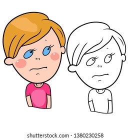 Funny cartoon characters of boys, expression of emotions and mood, portrait, children's book for painting, vector illustration