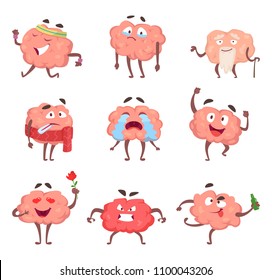 Funny cartoon characters. Brain in action poses angry and drunk, love and sick, vector illustration