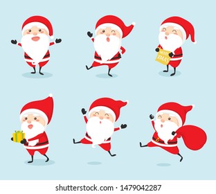 Funny cartoon characters of Christmas Santa Claus with different emotions and New Year's objects. Vector set of Christmas elements for holiday invitations, greeting card and advertising design.