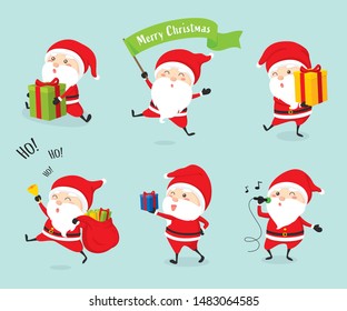 Funny cartoon characters of Christmas Santa Claus with different emotions and New Year's objects. Vector set of Christmas elements for holiday invitations, greeting card and advertising design.