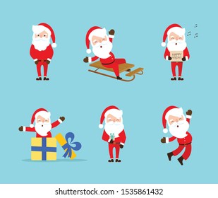 Funny cartoon characters of Christmas Santa Claus with different emotions and New Year's objects. Vector set of Christmas elements for holiday invitations, greeting card and advertising design.