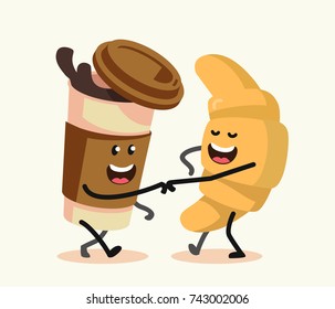 Funny cartoon characters coffee and croissant. Vector flat design.