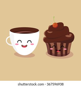 Funny Cartoon Characters Coffee Cup And Muffin. Vector Illustration Flat Design.