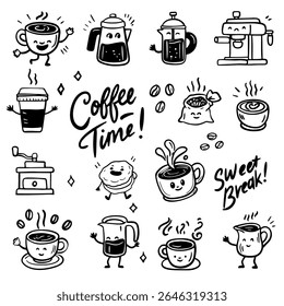 Funny cartoon characters. Coffee time illustration of cup of tea, coffee. Comic element in trendy retro cartoon style.