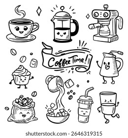 Funny cartoon characters. Coffee time illustration of cup of tea, coffee. Comic element in trendy retro cartoon style.
