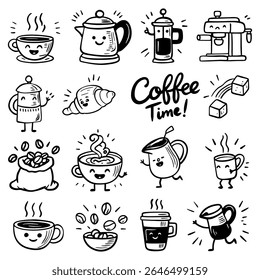 Funny cartoon characters. Coffee time illustration of cup of tea, coffee. Comic element in trendy retro cartoon style.