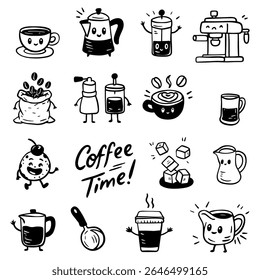 Funny cartoon characters. Coffee time illustration of cup of tea, coffee. Comic element in trendy retro cartoon style.