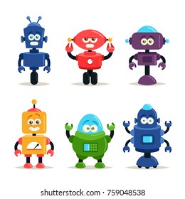 Funny Cartoon Characters. Cute Robots. Vector Set