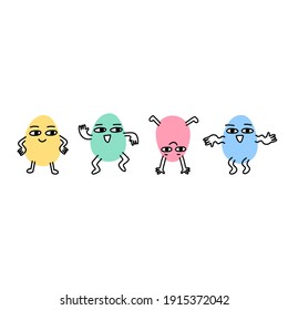 Funny cartoon characters Dancing eggs on a white background. Colorful eggs in different poses. Vector illustration for Happy Easter.