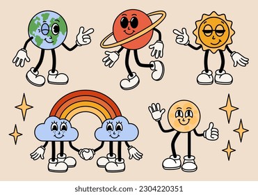 Personajes divertidos de caricatura. Planeta Tierra, sol, luna, Saturno, mascotas arco iris. Elementos cómicos de moda estilo retro de caricatura. Ilustración del vector