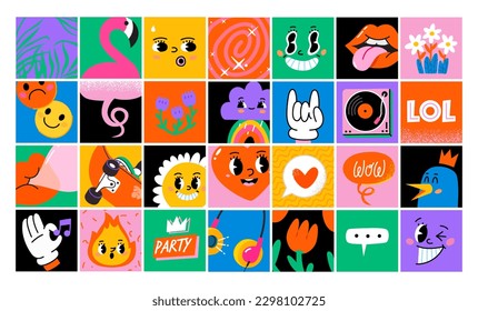 Funny cartoon characters and elements. Sticker pack, square posters, prints. Vector illustration of flower, heart,  rainbow. Set of comic elements in trendy retro cartoon style.