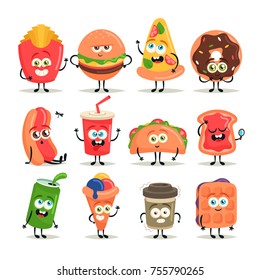 Funny Cartoon Characters. Fast Food. Vector Set