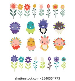 Funny cartoon characters and flowers. Set of bright cute vector design elements. 