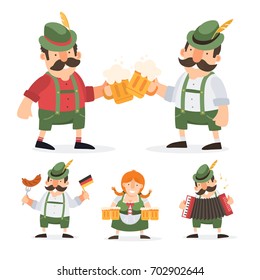 Funny cartoon characters in folk costumes of Bavaria celebrate and have fun at Oktoberfest beer festival. Vector illustration.