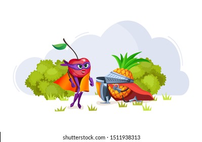 Funny cartoon characters fruits in superhero costumes lovers cherry and pineapple. Fruit together, pineapple confesses love to cherry vegetables character vector illustration