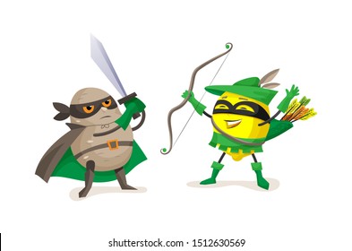 Funny cartoon characters fruits in superhero costumes. Superheroes potato and lemon fight together vector illustration