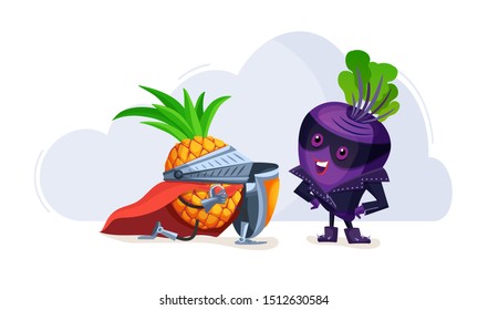 Funny cartoon characters fruits in superhero costumes lovers plum and pineapple. Fruit together, pineapple confesses love to plum vegetable character vector illustration